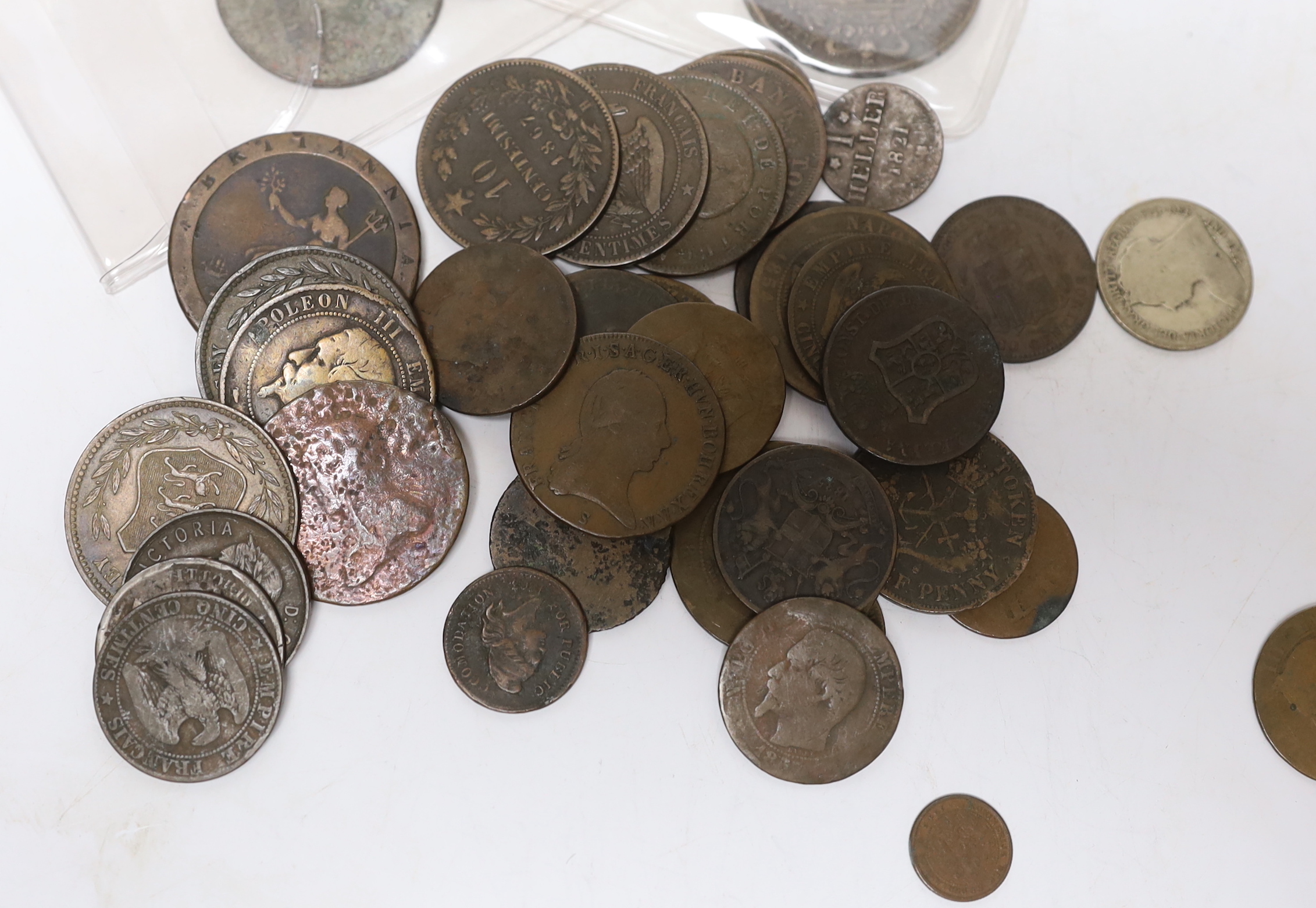 A group of 18th/19th British, France, Canada etc. century coins including Victoria Crown 1844, F or better, US Civil War token 1863 etc.
